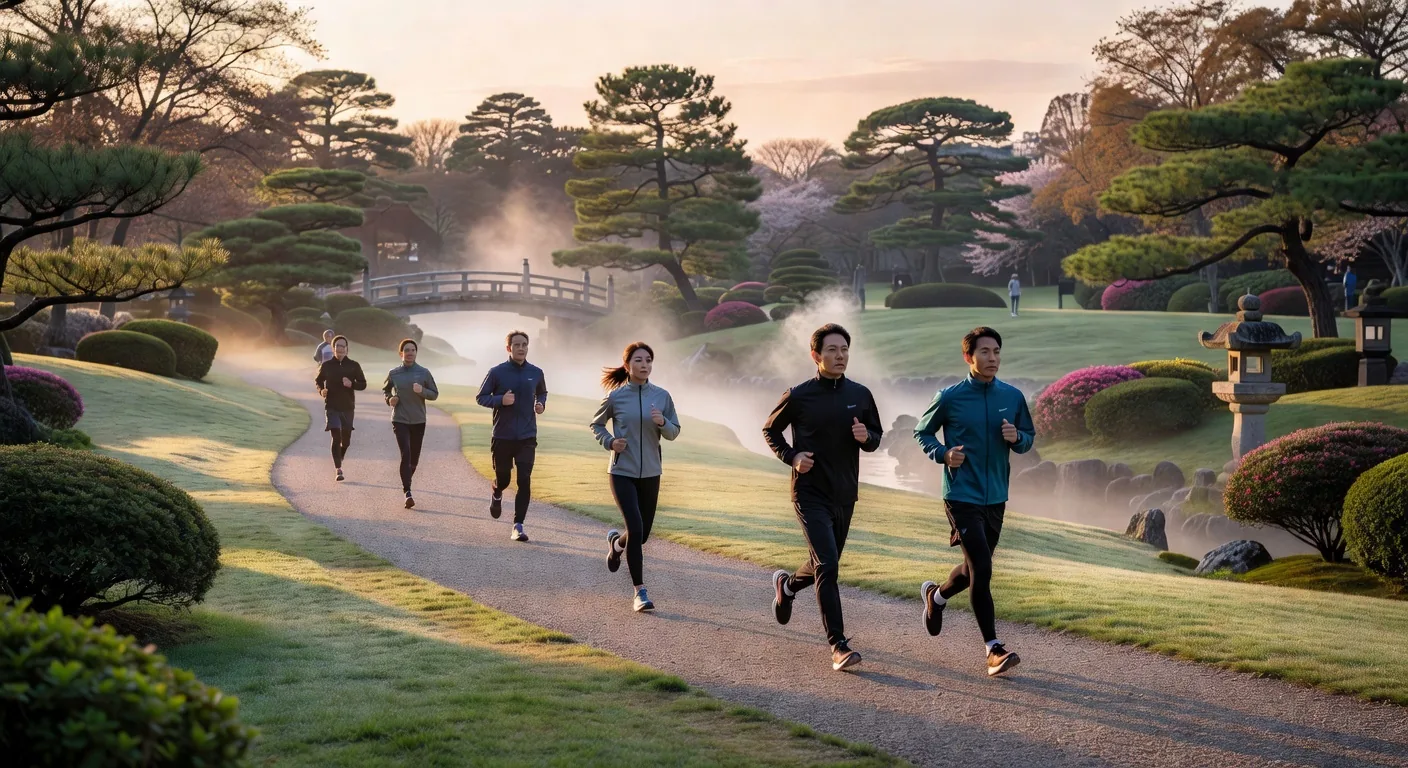 Early morning joggers in a Japanese park, peaceful and uncrowded