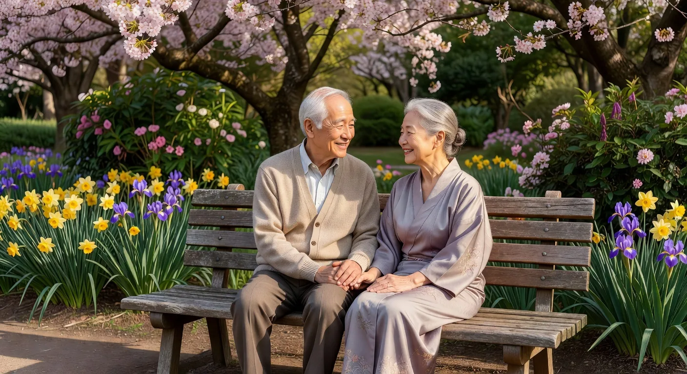 An elderly couple sitting together on a park bench surrounded by green trees, at ease and relaxed