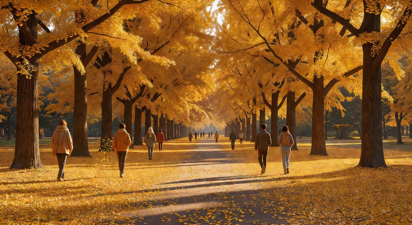 A long avenue of ginkgo trees blazing golden yellow in autumn, leaves carpeting the path below