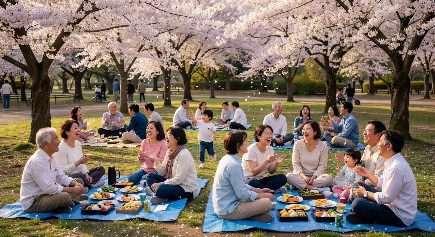 Families and friends enjoying hanami picnics beneath a canopy of cherry blossoms