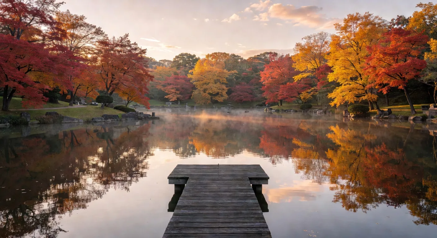 A calm lake perfectly reflecting autumn trees, captured in a Japanese park