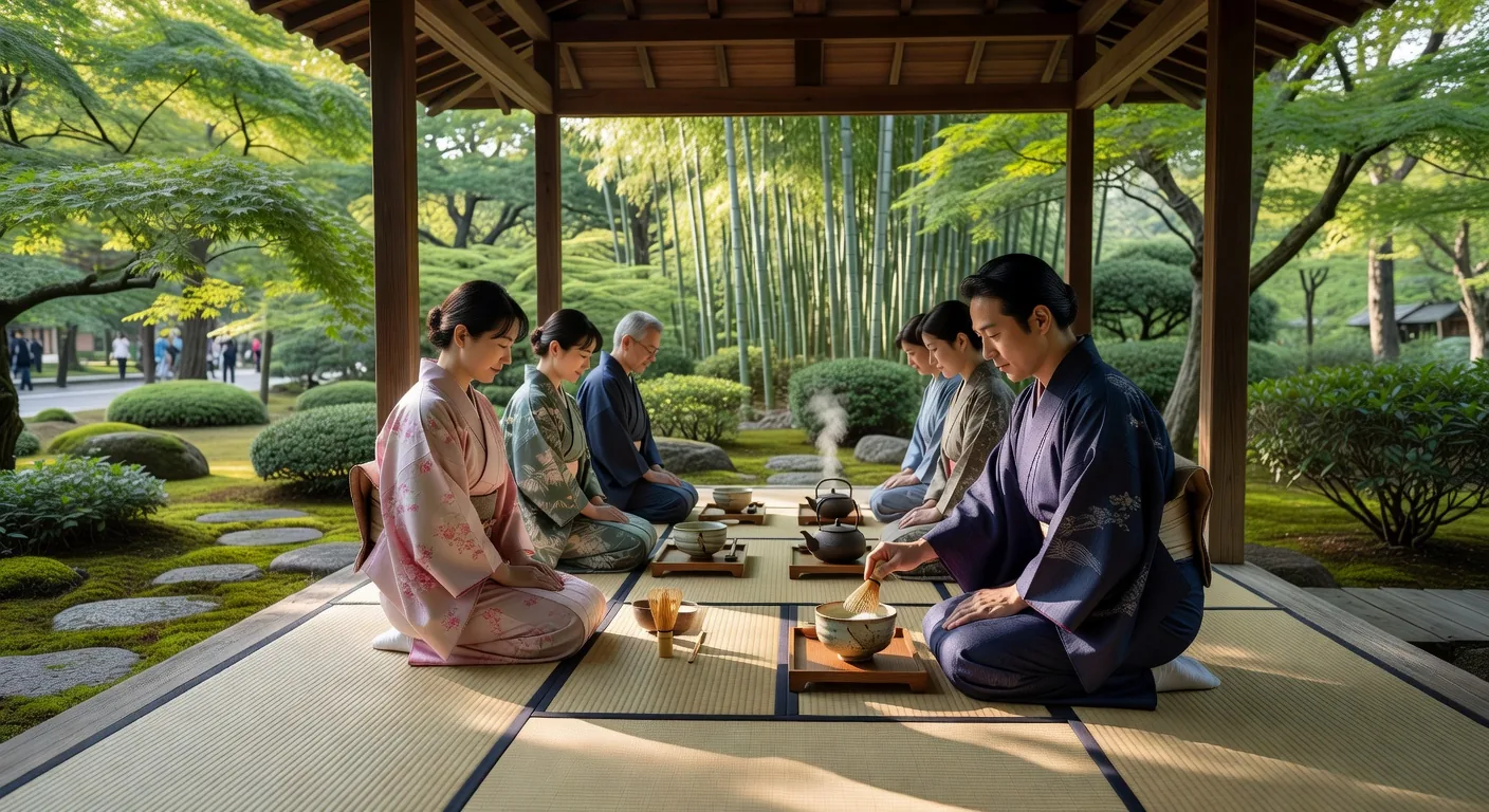 An outdoor tea ceremony taking place in a Japanese garden, with matcha and seasonal decorations