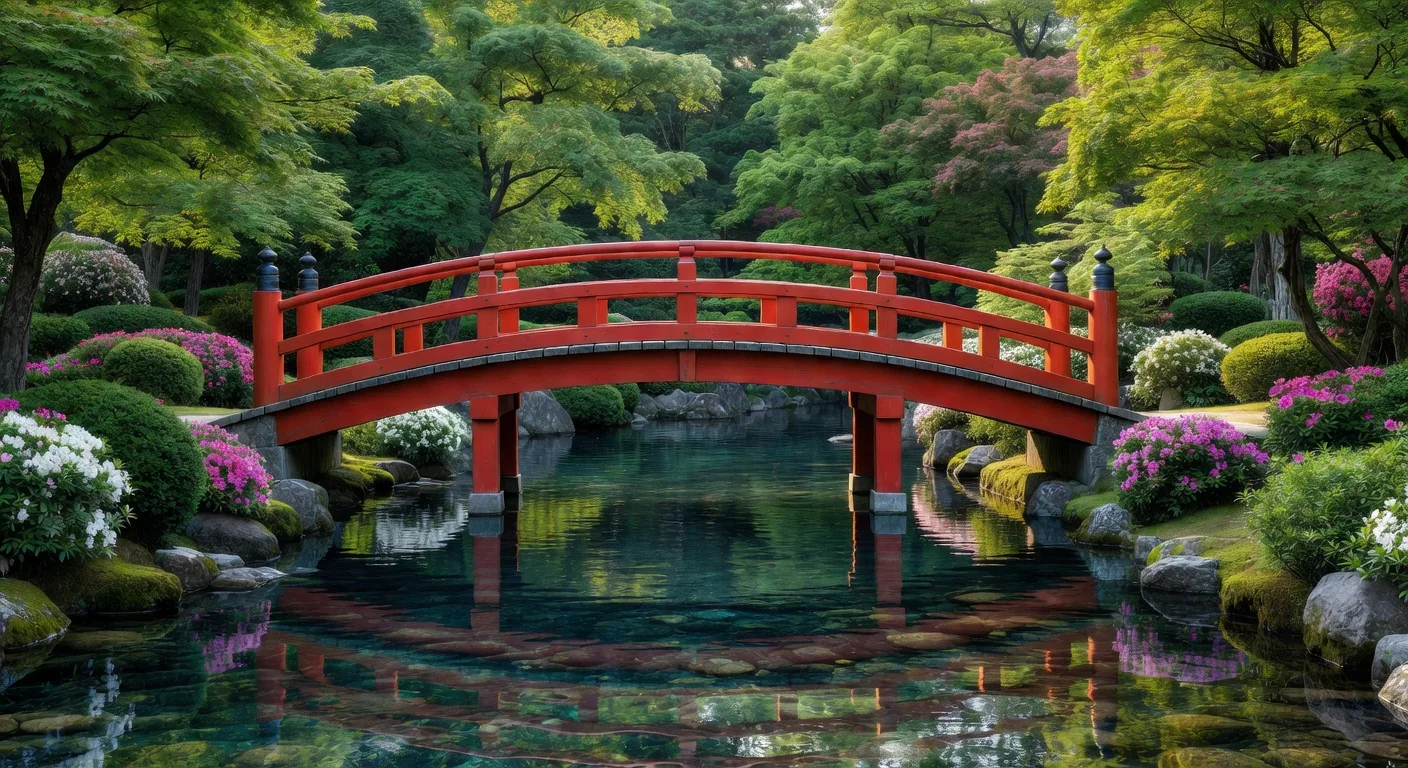 A vermilion arched bridge spanning a clear stream in a Kyoto garden
