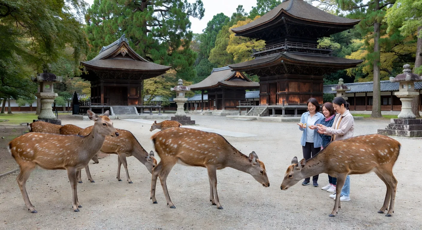 Sika deer grazing freely in Nara Park, with a traditional temple gate visible in the background