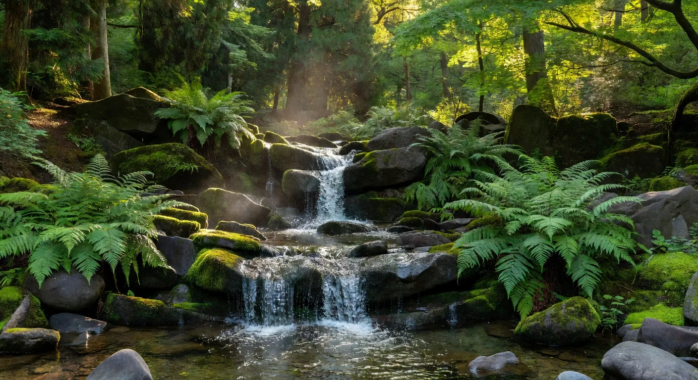 A small waterfall cascading over mossy rocks in a Japanese park stream