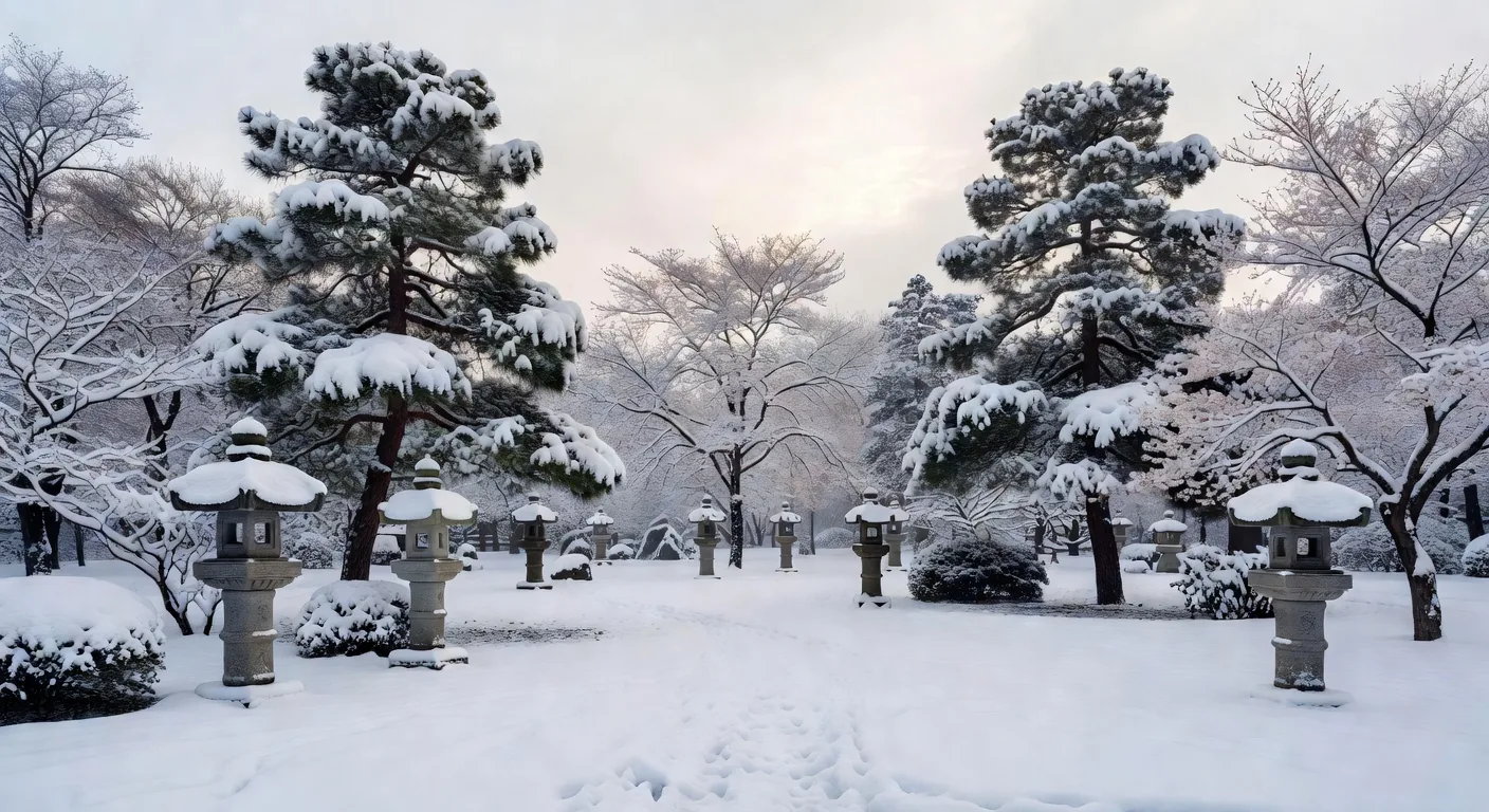 A traditional Japanese garden covered in a pristine layer of winter snow